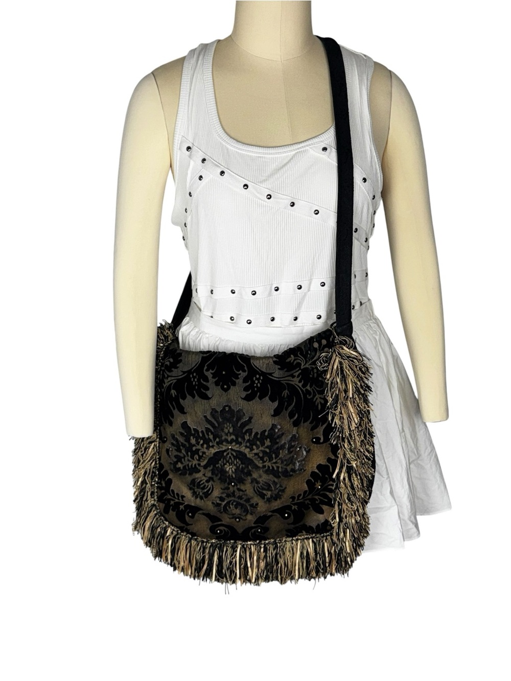 Handmade Reversible Velvet Damask Leopard Fringe Messenger Bag Whimsigoth